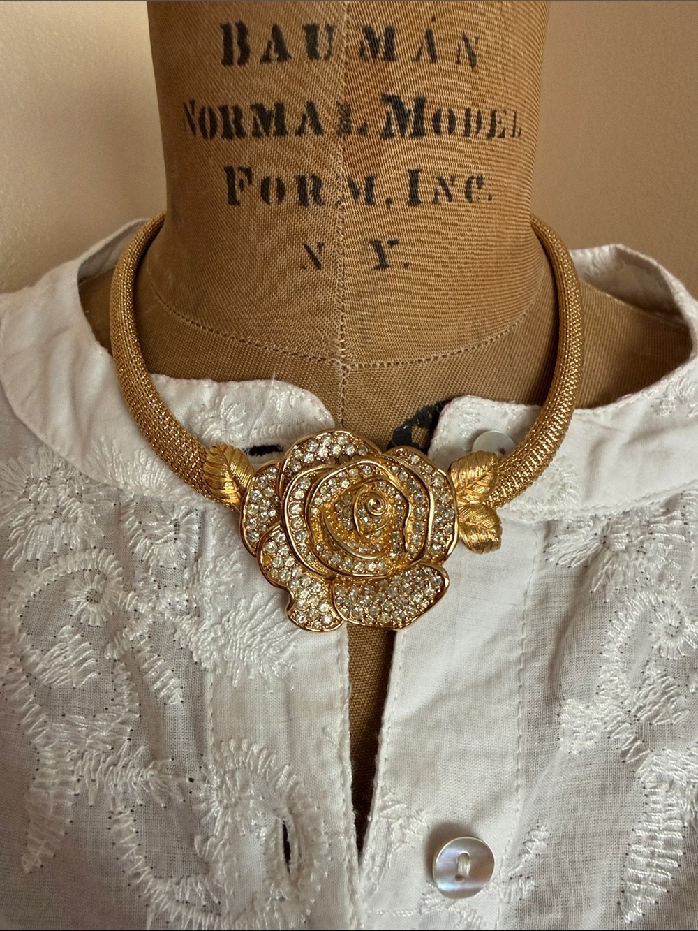 Vintage Christian Dior Crystal Rose Gold Mesh Necklace 1980s